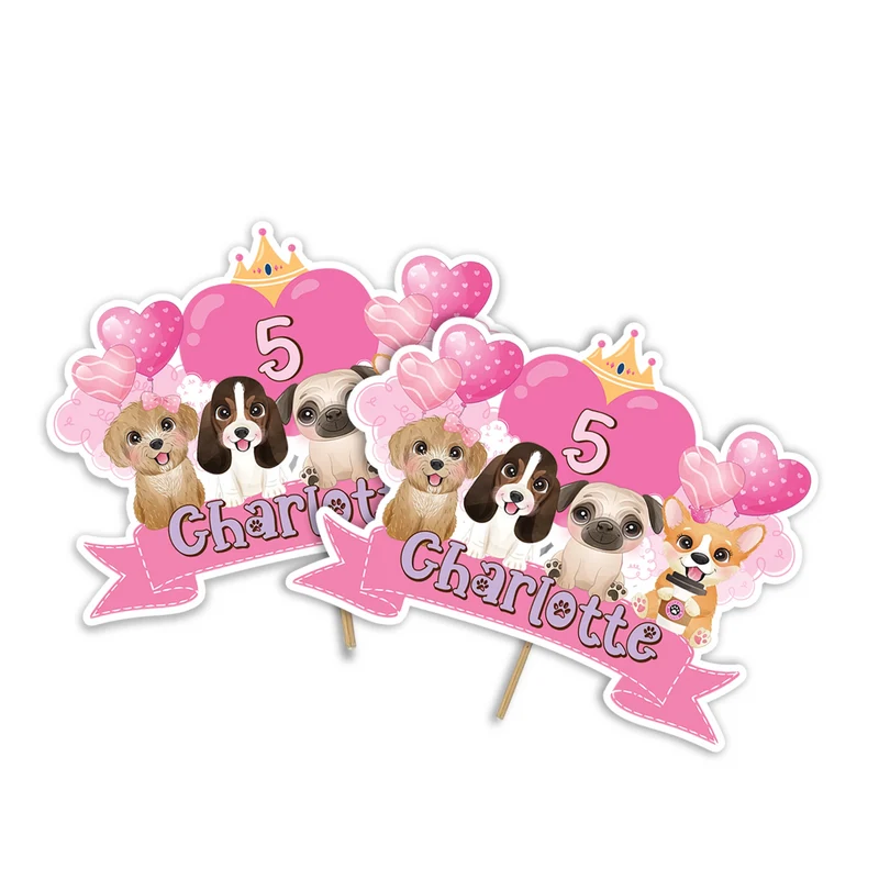 Puppy & Dog personalized cake toppers featuring adorable puppy graphics on a modern dessert table display