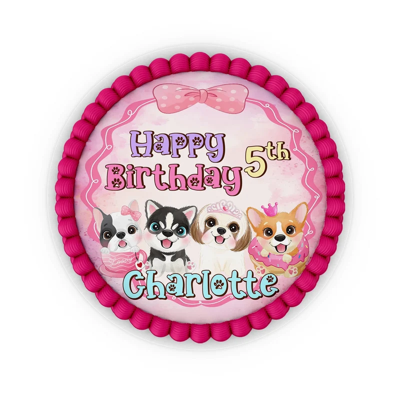 Puppy & Dog edible icing cake images with colorful puppy illustrations placed on a frosted round cake