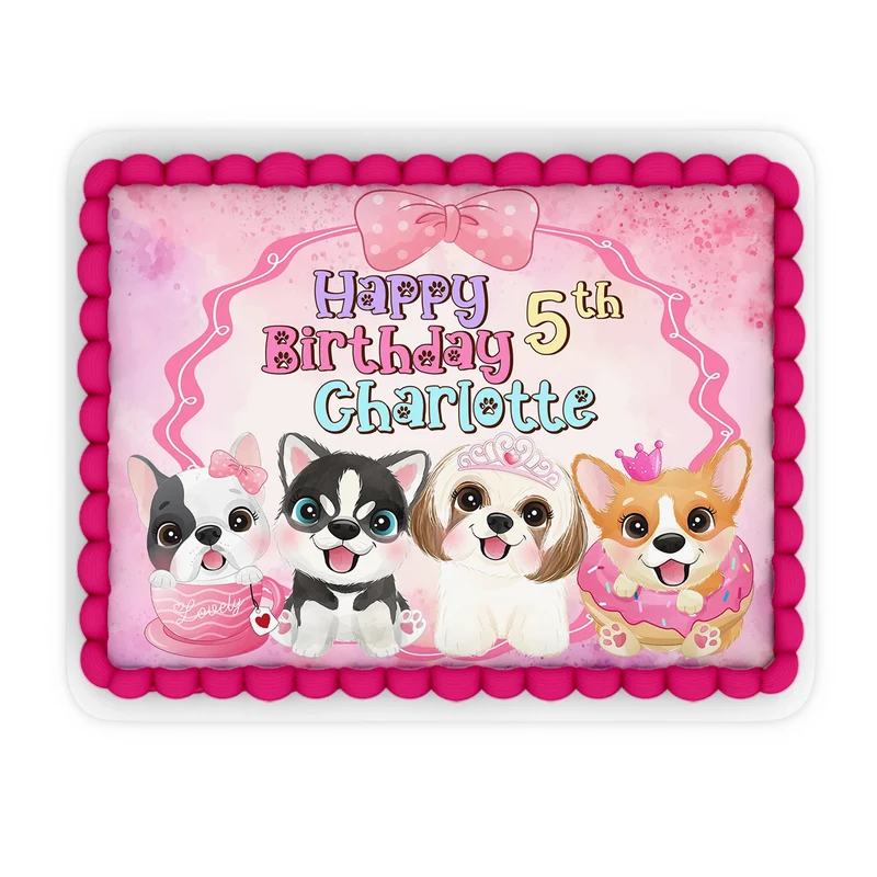 Puppy & Dog custom sheet cake images showing a vibrant birthday layout on a large rectangle cake