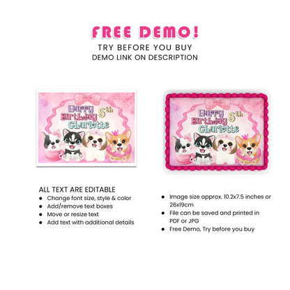 Puppy & Dog Personalized Icing Sheet Cake Topper Images Digital Download