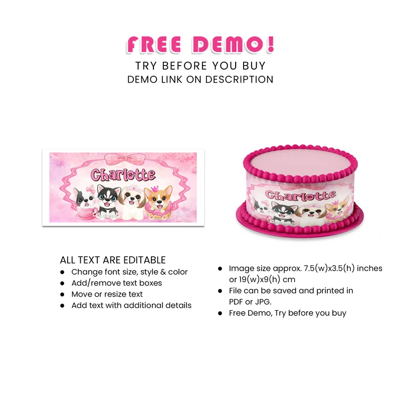 Puppy & Dog Personalized Cake Strips Image Printable Digital Download