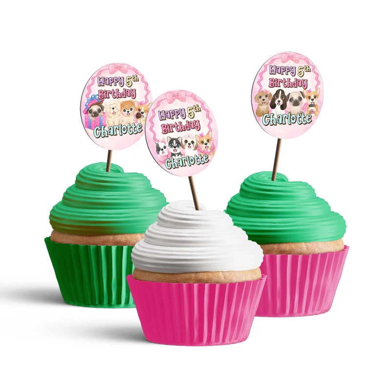 Puppy & Dog personalized cupcake toppers arranged neatly on frosted treats against a neutral backdrop