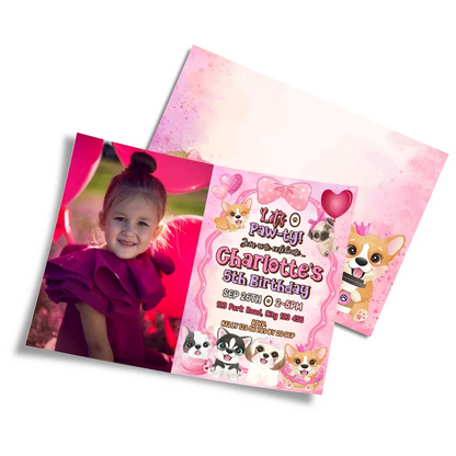 Puppy & Dog photo card invitations featuring a custom picture frame layout on a clean studio background