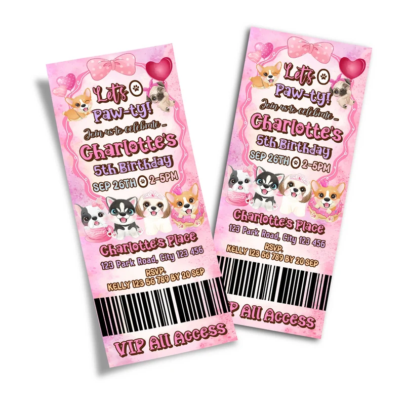 Puppy & Dog birthday ticket invitations showing a vibrant event pass style layout with bold typography