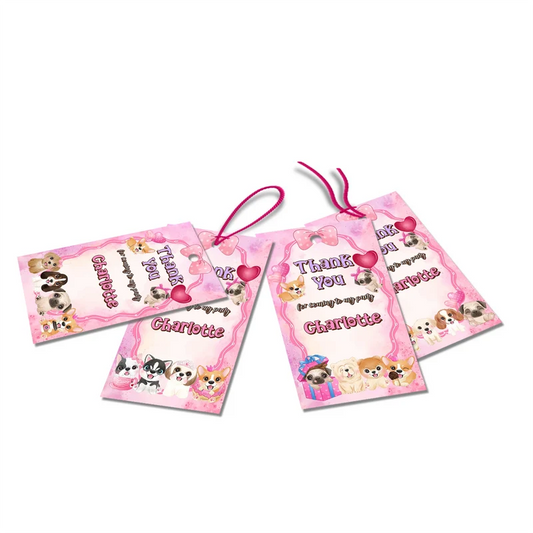 Puppy & Dog thank you tags with colorful text accents displayed on a neatly wrapped party favor box
