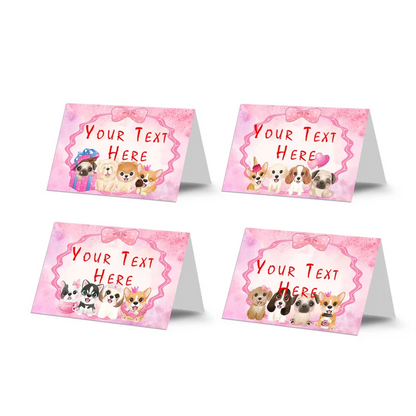 Puppy & Dog food cards showing a collection of vibrant buffet labels arranged on a decorated treat table