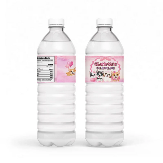 Puppy & Dog water bottle label wrap showing a colorful party theme layout on a clear plastic bottle