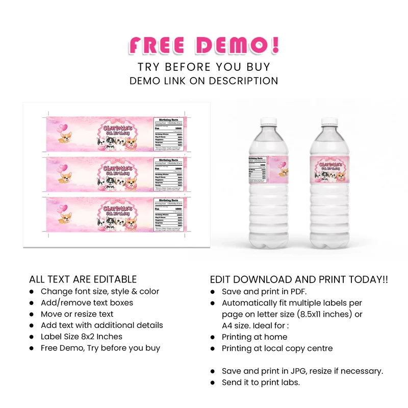 Puppy & Dog Water Bottle Label Printable Digital Download