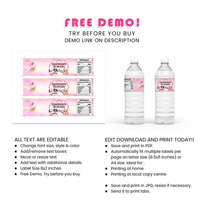 Puppy & Dog Water Bottle Label Printable Digital Download