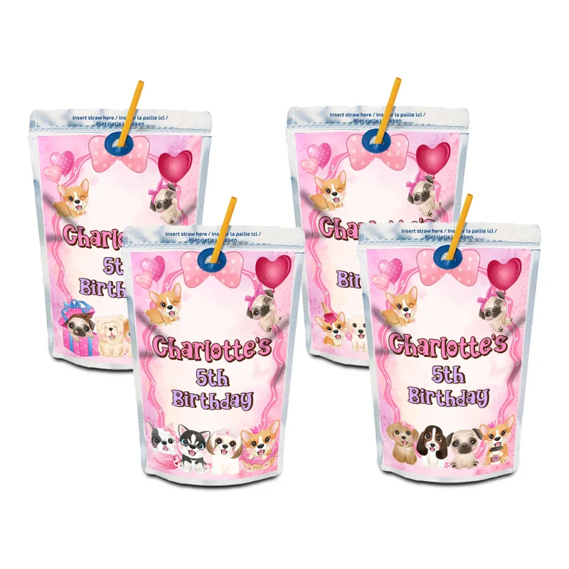 Puppy & Dog juice pouch label mockup featuring a vibrant birthday design attached to a silver pouch