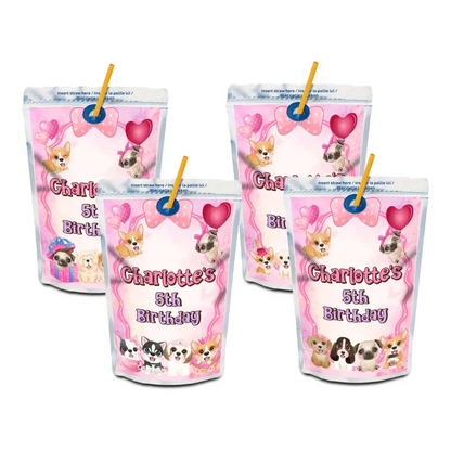Puppy & Dog juice pouch label mockup featuring a vibrant birthday design attached to a silver pouch