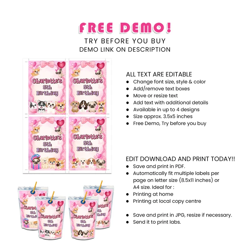 Puppy & Dog Juice Pouch Label Printable Digital Download