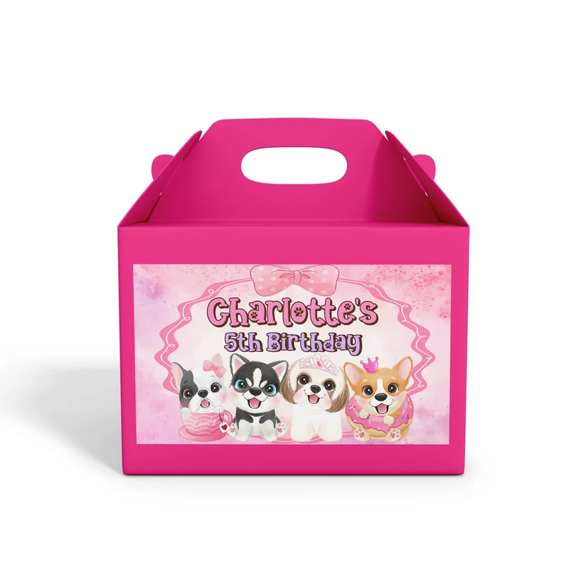 Puppy & Dog treat box label showing a colorful custom design layout on a mini favor box container