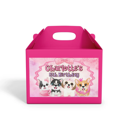 Puppy & Dog treat box label showing a colorful custom design layout on a mini favor box container