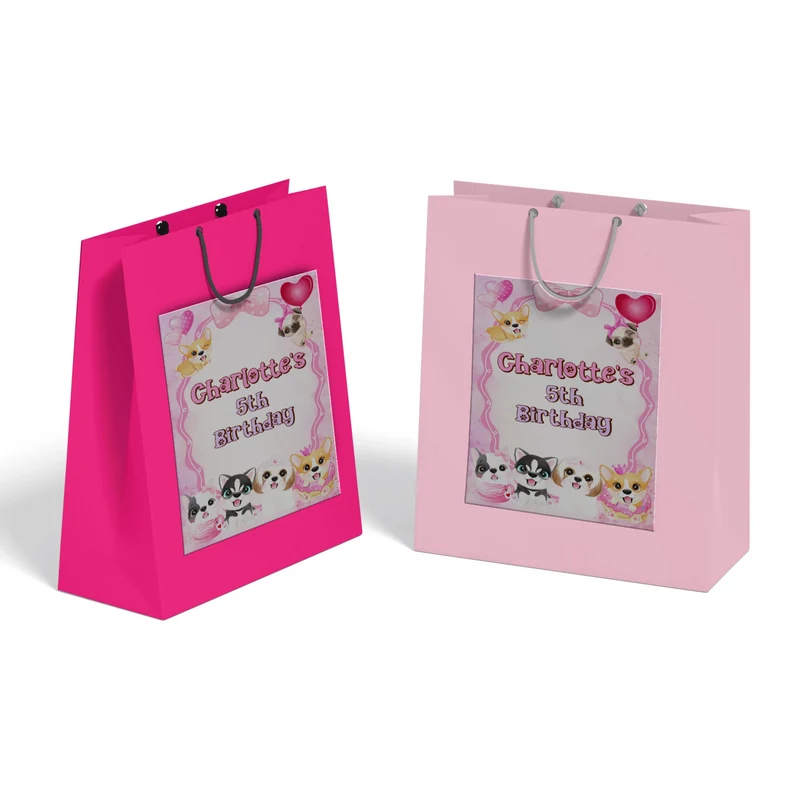 Puppy & Dog goodie bag label featuring a vibrant party theme design applied to a classic paper gift bag