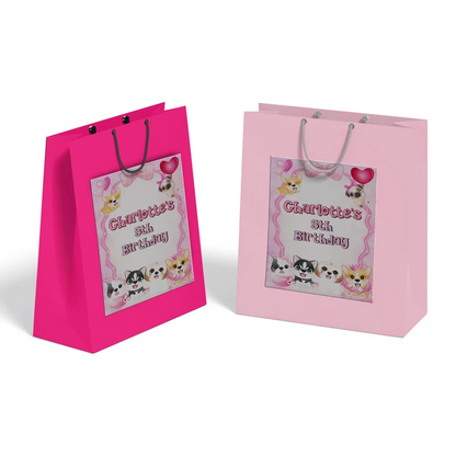 Puppy & Dog goodie bag label featuring a vibrant party theme design applied to a classic paper gift bag