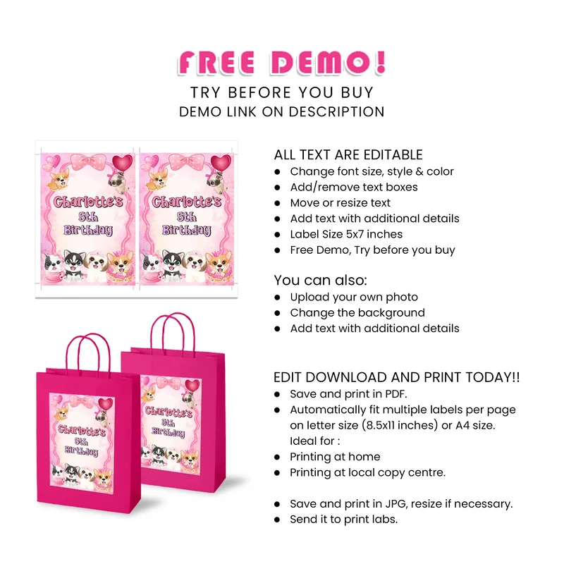 Puppy & Dog Goodie Bag Label Printable Digital Download