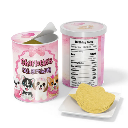 Puppy & Dog small Pringles label wrap with colorful character designs displayed on a miniature snack can