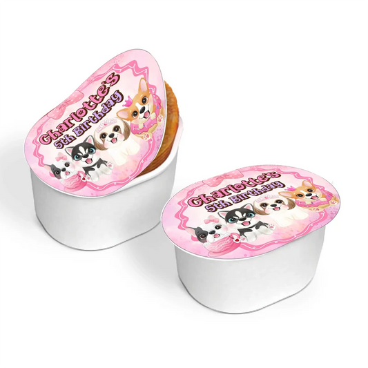 Puppy & Dog mini Pringles label featuring a vibrant custom design wrapper on a small stackable snack can