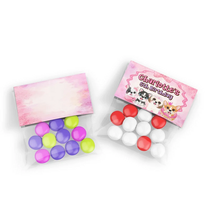 Puppy & Dog treat bag topper label showing a colorful folded paper design sealing a clear candy pouch