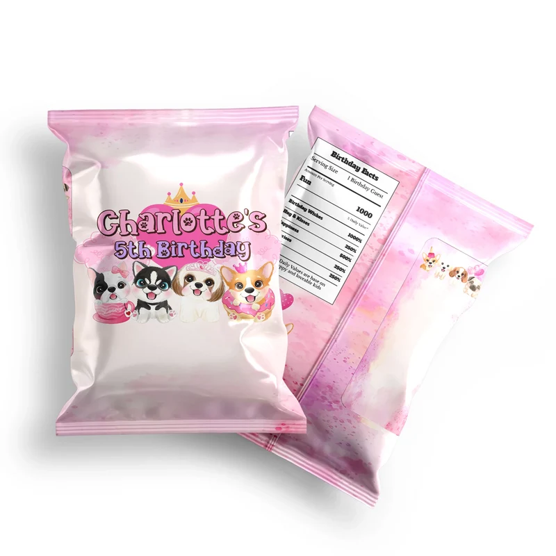 Puppy & Dog chips bag label mockup displaying a vibrant custom snack bag layout on a clean background