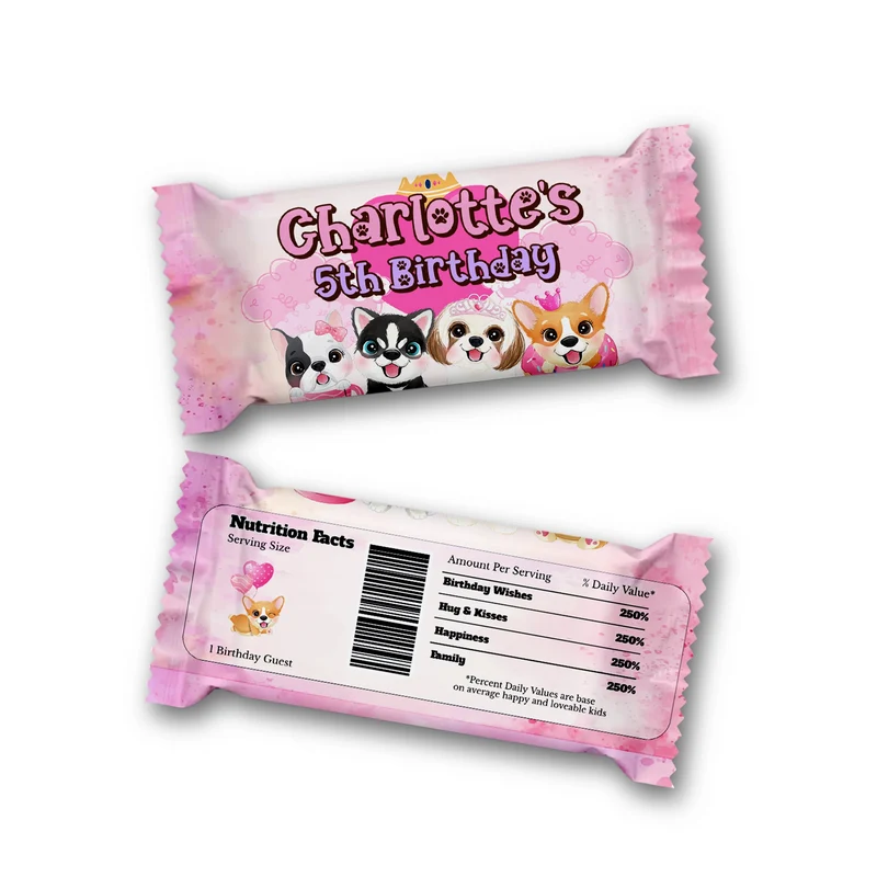 Puppy & Dog Rice Krispies treats and candy bar labels shown together in a vibrant party snack display