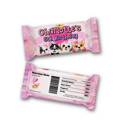 Puppy & Dog Rice Krispies treats and candy bar labels shown together in a vibrant party snack display