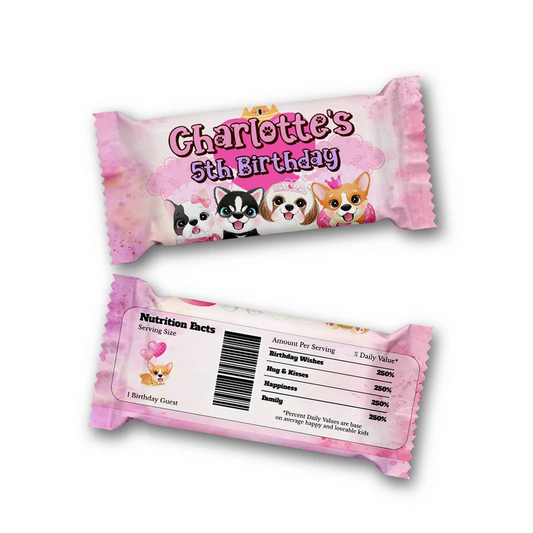 Puppy & Dog Rice Krispies treats and candy bar labels shown together in a vibrant party snack display