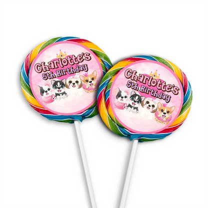 Puppy & Dog lollipop label mockup featuring a colorful round sticker design attached to a clear wrapper