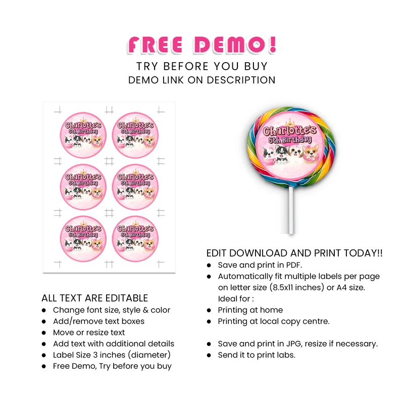 Puppy & Dog Lollipop Label Printable Digital Download