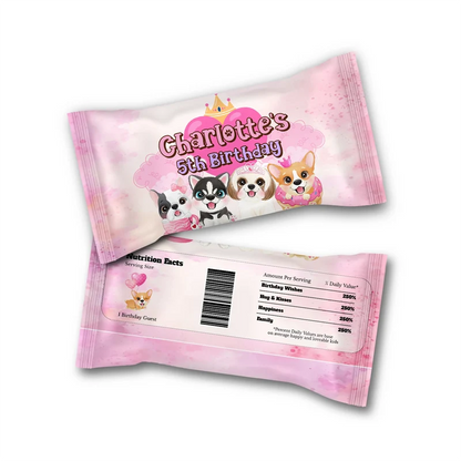 Puppy & Dog Skittles label wrap showing a vibrant candy packaging layout displayed on a neat tabletop