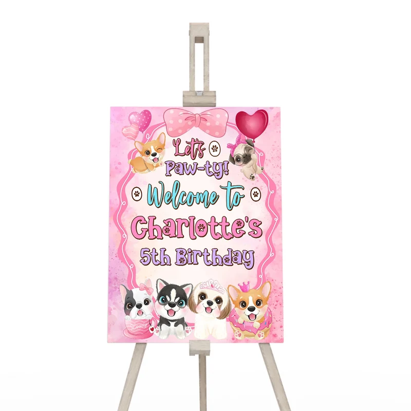 Puppy & Dog welcome sign displaying a vibrant party theme greeting layout on a wooden display easel