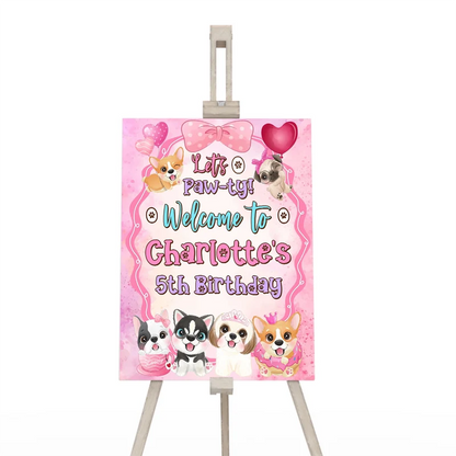 Puppy & Dog welcome sign displaying a vibrant party theme greeting layout on a wooden display easel