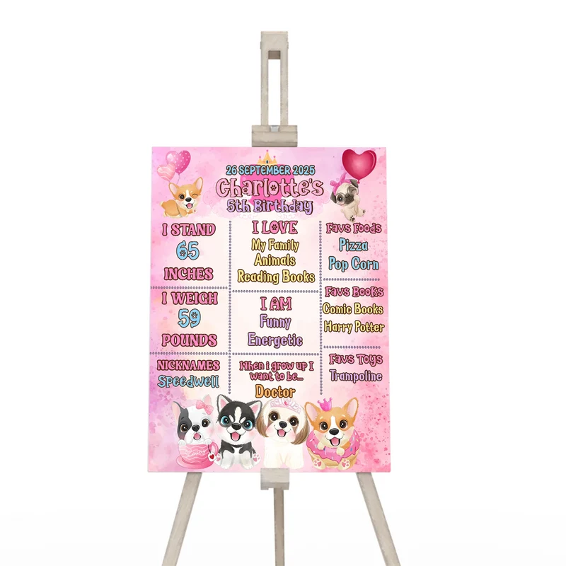 Puppy & Dog milestone poster showing a colorful chalkboard style layout filled with custom text highlights