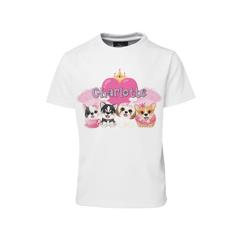 Puppy & Dog sublimation T-shirt mockup showing a colorful graphic layout printed on a white cotton shirt