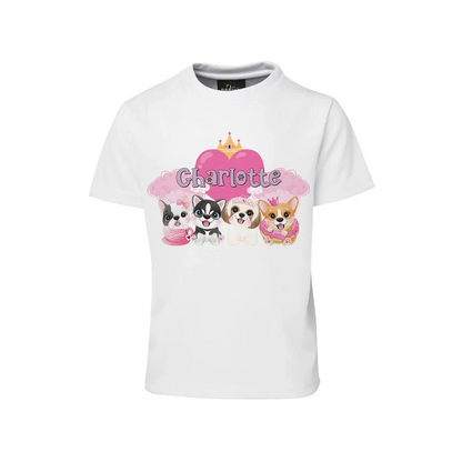 Puppy & Dog sublimation T-shirt mockup showing a colorful graphic layout printed on a white cotton shirt
