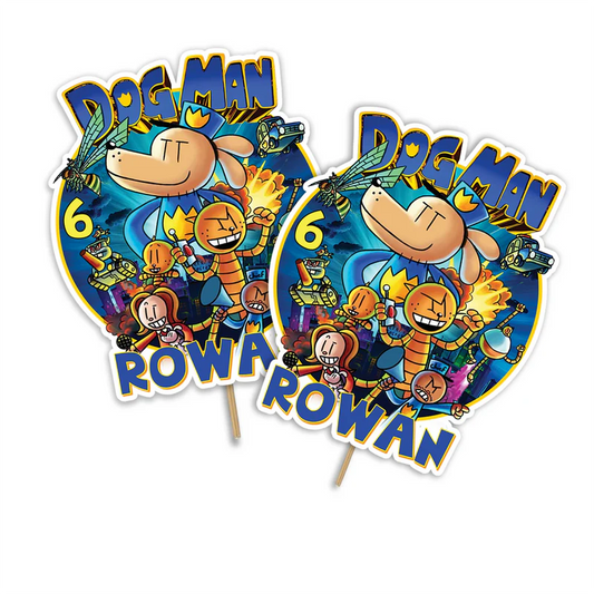Dog Man personalized cake toppers featuring cartoon action themes on a modern dessert table display
