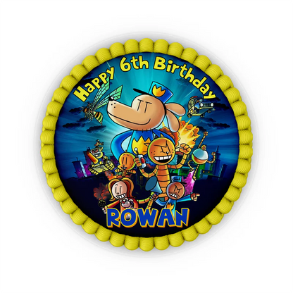 Dog Man edible icing cake images with colorful graphic character designs placed on a frosted round cake