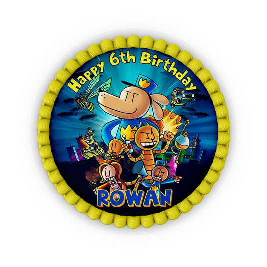 Dog Man edible icing cake images with colorful graphic character designs placed on a frosted round cake