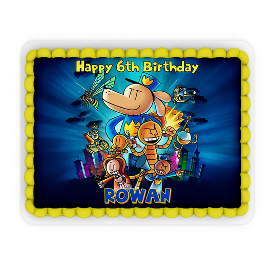 Dog Man custom sheet cake images showing a vibrant birthday design layout on a large rectangle cake