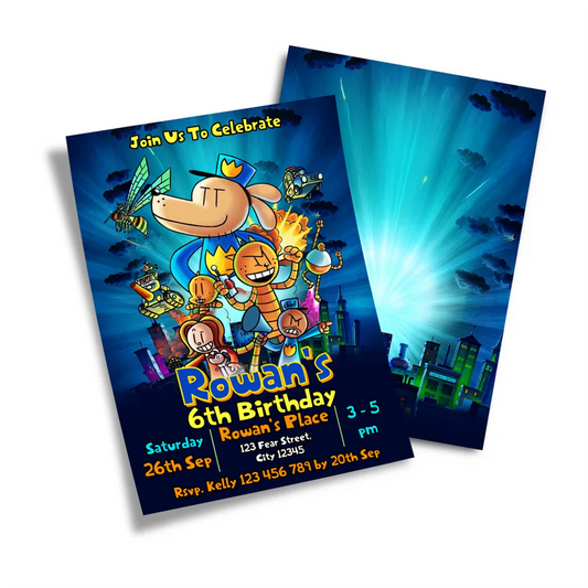 Dog Man birthday card invitations displaying a bright comic template layout on a minimal background
