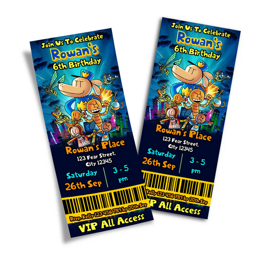 Dog Man birthday ticket invitations showing a vibrant event pass style layout with bold typography