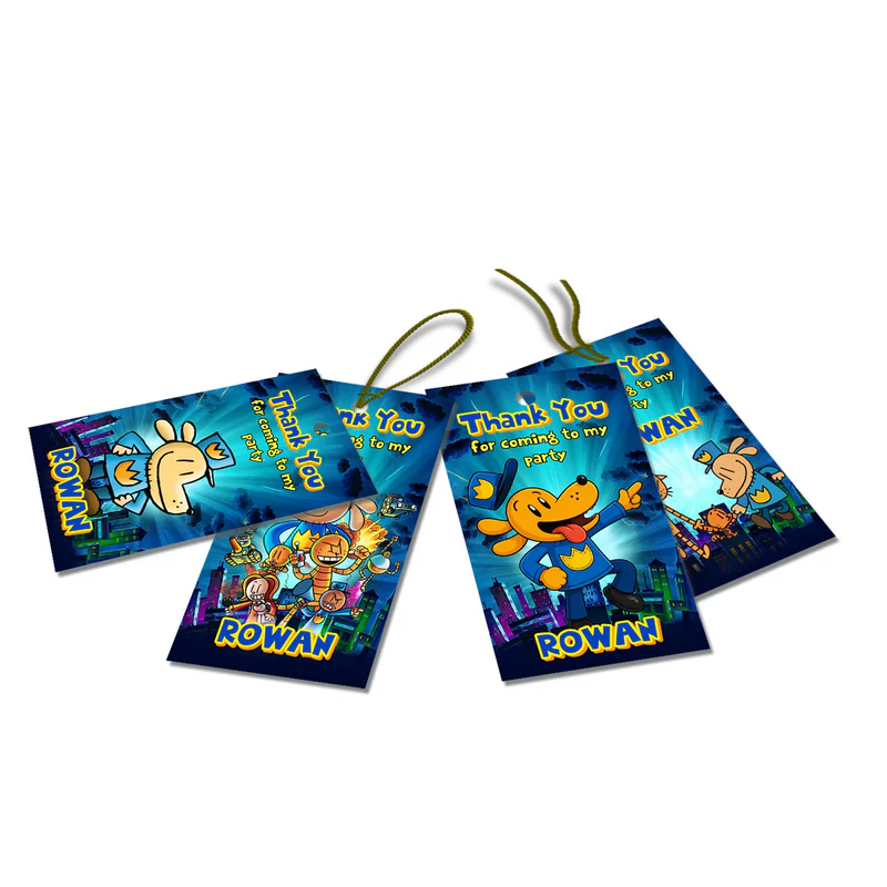 Dog Man thank you tags with colorful text accents displayed on a neatly wrapped party favor box