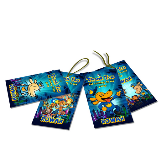 Dog Man thank you tags with colorful text accents displayed on a neatly wrapped party favor box