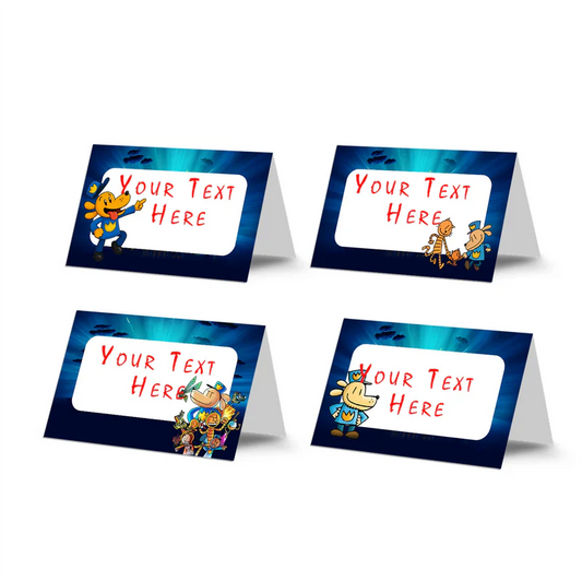 Dog Man food cards showing a collection of vibrant buffet labels arranged on a decorated treat table