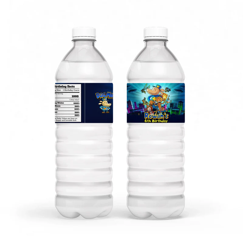 Dog Man water bottle label wrap showing a colorful party theme layout on a clear plastic bottle