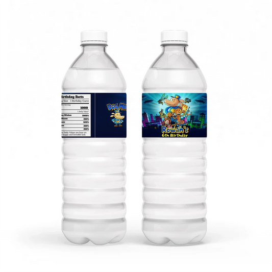 Dog Man water bottle label wrap showing a colorful party theme layout on a clear plastic bottle