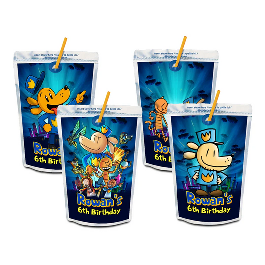 Dog Man juice pouch label mockup featuring a vibrant birthday design attached to a silver pouch