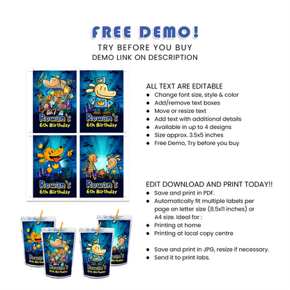 Dog Man Juice Pouch Label Printable Digital Download