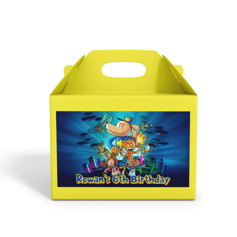 Dog Man treat box label showing a colorful custom design layout on a mini favor box container